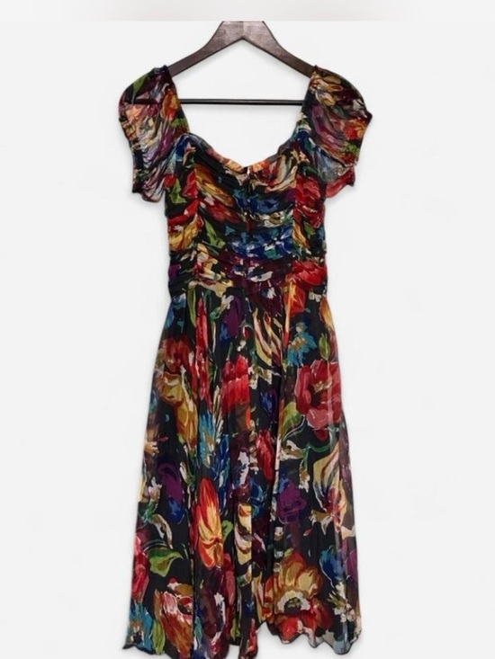 Cadela NYC Dresses & Skirts - Floral Sheer Silk Overlay Midi Dress with Ruched Bodice Women’s Size S